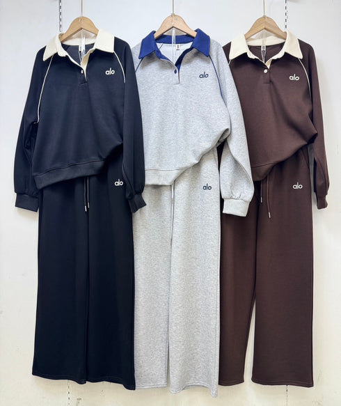 Polo Collar Down Pullover With Pant Sets